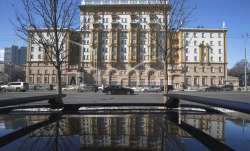 The US Embassy is reflected in a car in Moscow, Russia