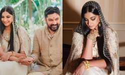 rhea kapoor wedding day look Anamika Khanna off-white chanderi sari with pearl veil
